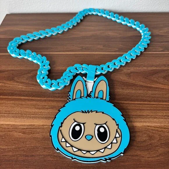Labubu Monster 3D Printed Chain Necklace – Blue | Designer - Picture 1 of 4